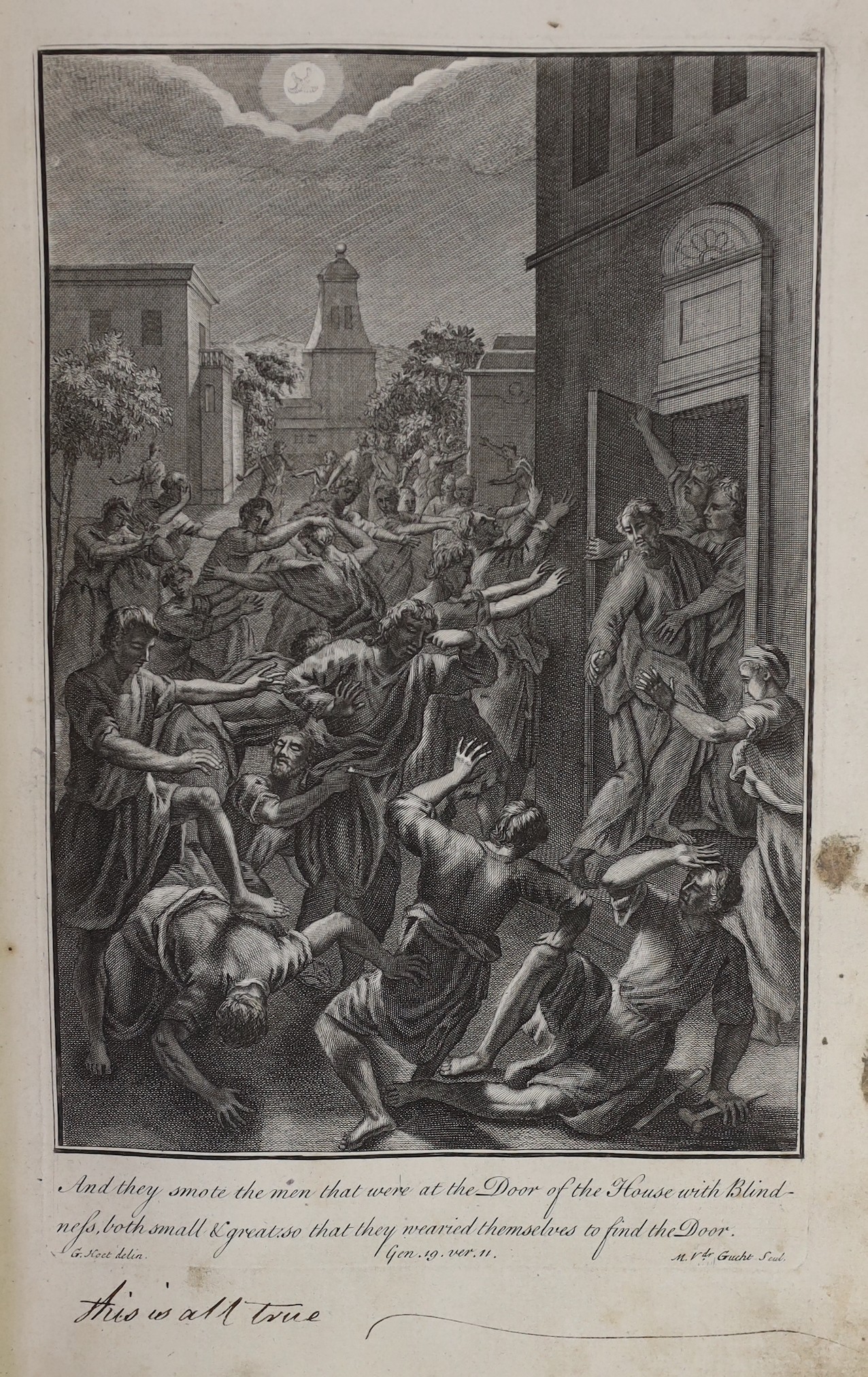 Holy Bible - Biblia dat is De gantsche H. Schrifture ... pictorial engraved title, d-page maps and a plan, engraved plates (with multi images): old leather with panelled spine, folio. Dordrecht & Amsterdam, 1686